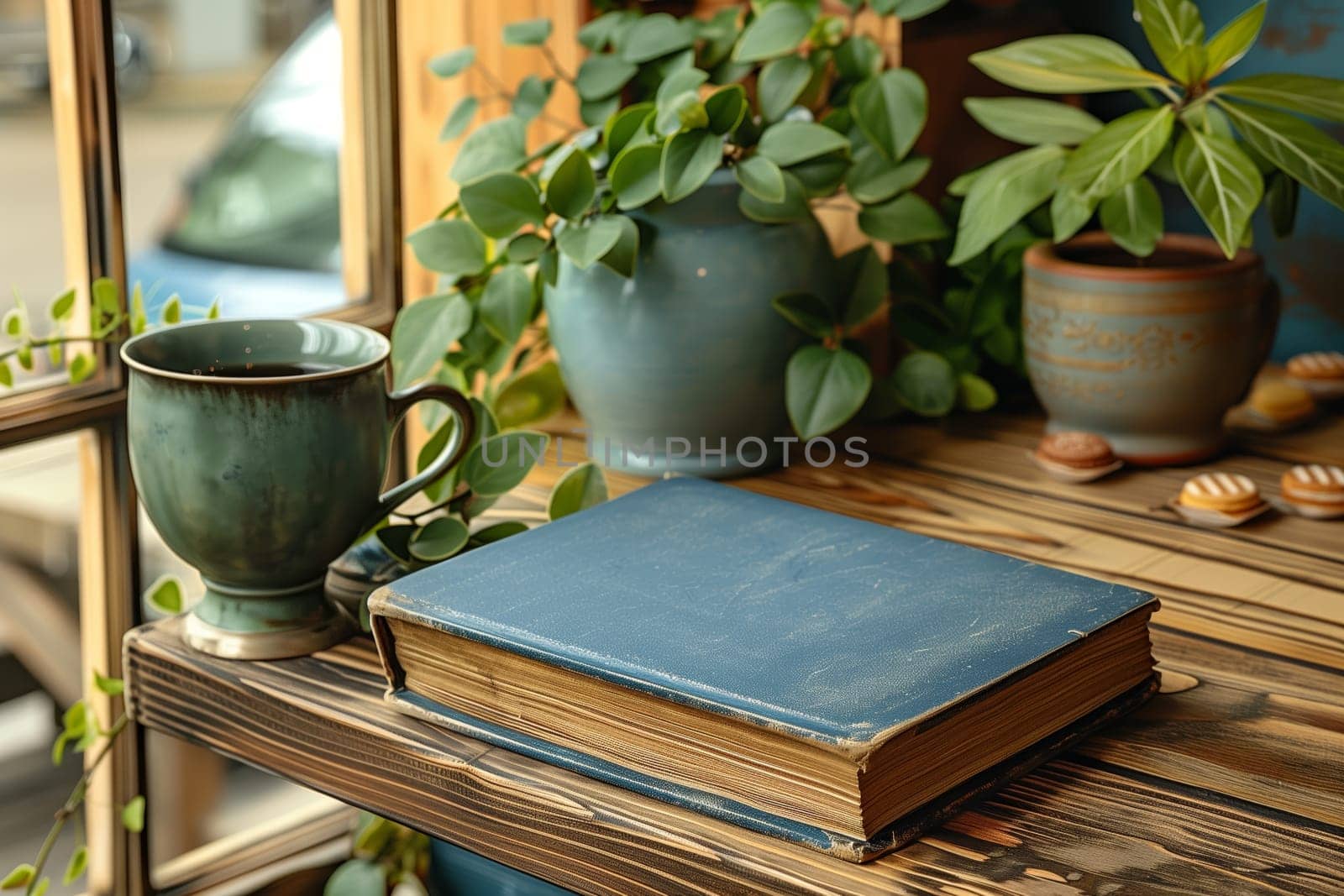 A close-up image of a vintage blue book sitting on a wooden windowsill. There is a cup of tea next to the book and two potted plants on the windowsill as well. The image is likely taken in the afternoon, creating a warm and inviting atmosphere.