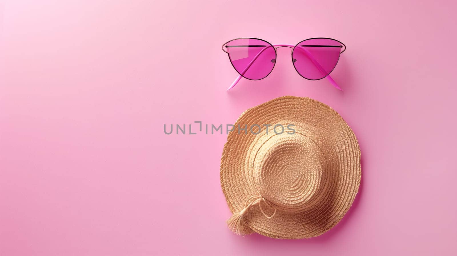 Top view of beach accessories against a pink background. Sun hatand and glasses. Vacation and relaxation, summer travel holiday concept. space for text.