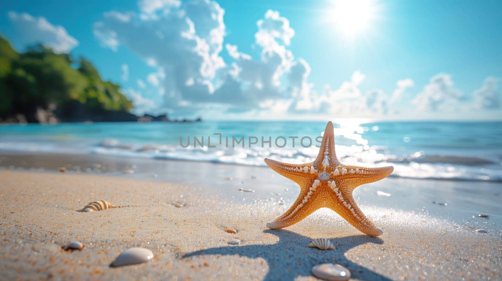 Beach holiday concept. Background with starfish on sandy tropical beach, space for text.