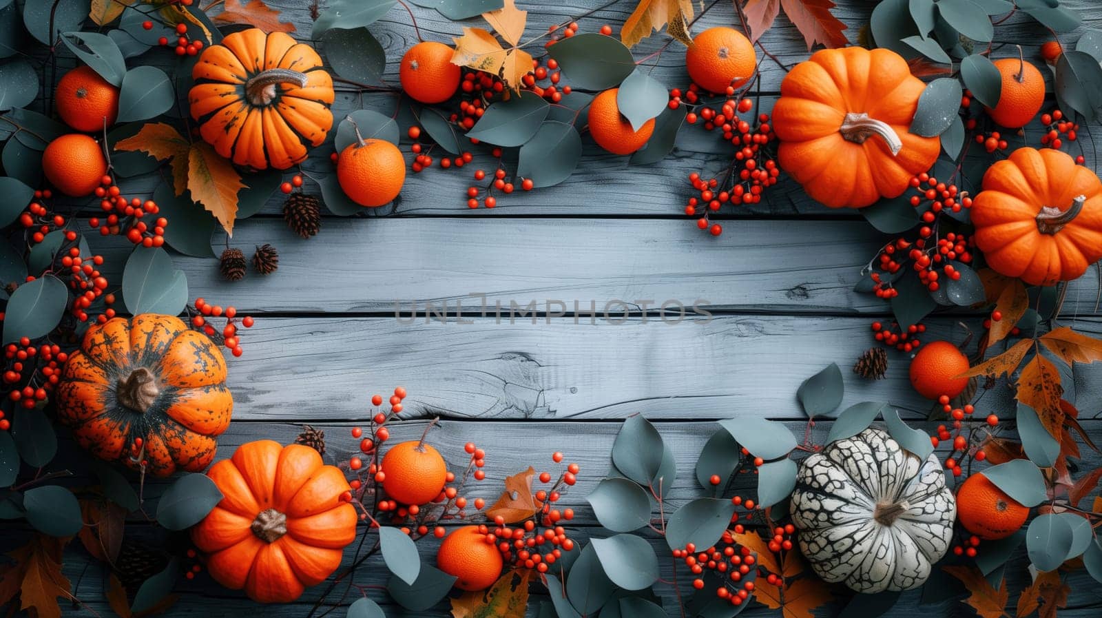 Autumn background decoration from dry leaves and pumpkin on white wooden background. Flat lay, top view for Autumn, fall, Thanksgiving concept.