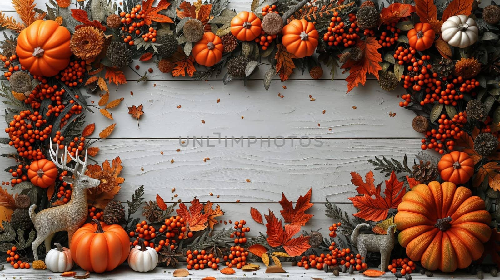 Autumn background decoration from dry leaves and pumpkin on white wooden background. Flat lay, top view for Autumn, fall, Thanksgiving concept.