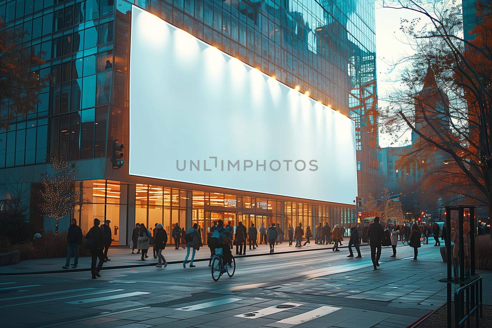 A large, blank billboard is mounted on the side of a modern building in a city. The billboard is illuminated by lights, and the building is reflected in the windows of the surrounding buildings. There are people walking on the street below, and there are trees in the background. The image captures a moment of urban life in a city.