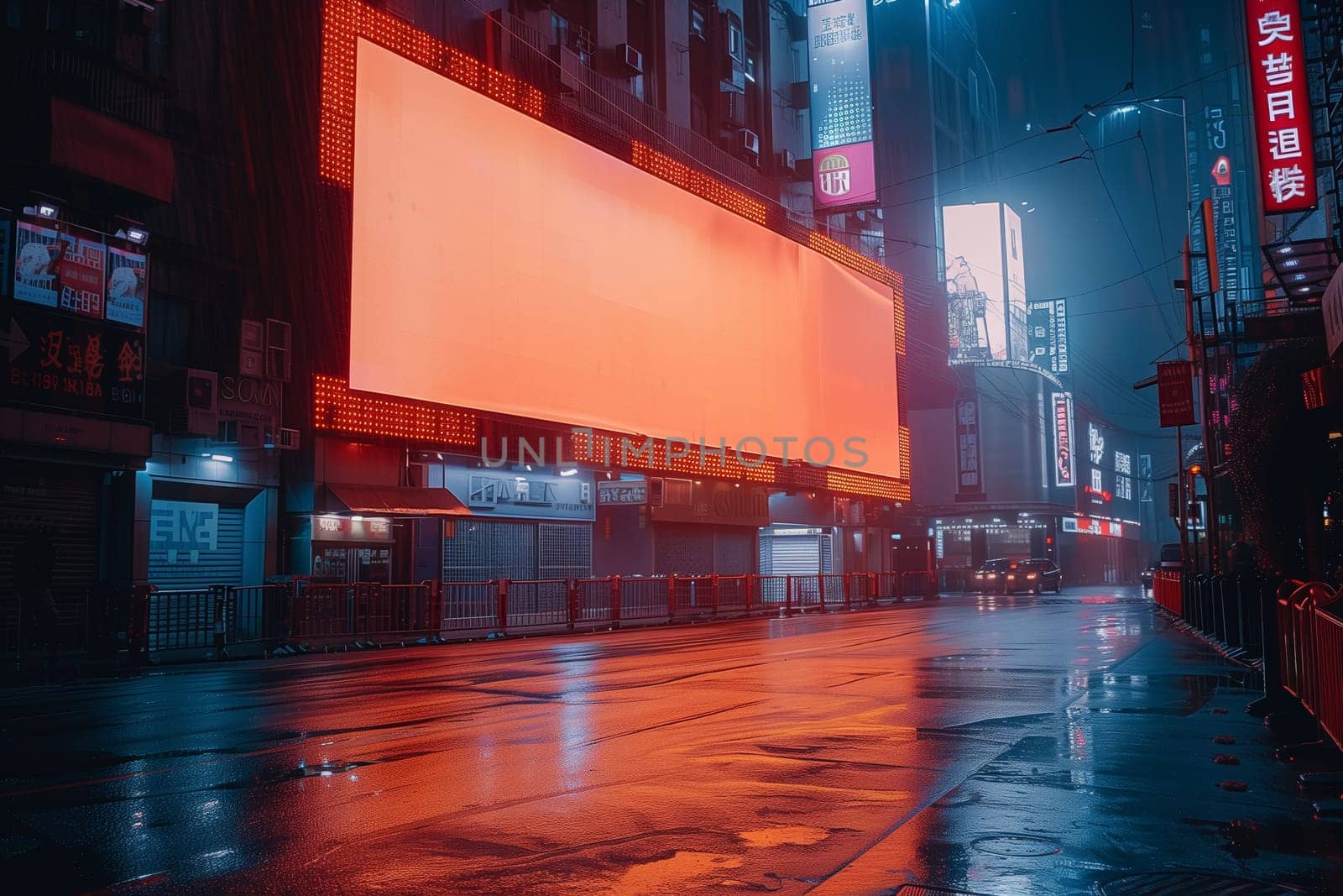 An empty street in a bustling city at night, illuminated by vibrant neon signs. The street is wet from recent rain, reflecting the neon glow. A large blank billboard dominates the scene, suggesting the constant presence of advertising and consumerism. The overall atmosphere is one of quiet solitude and urban anonymity.