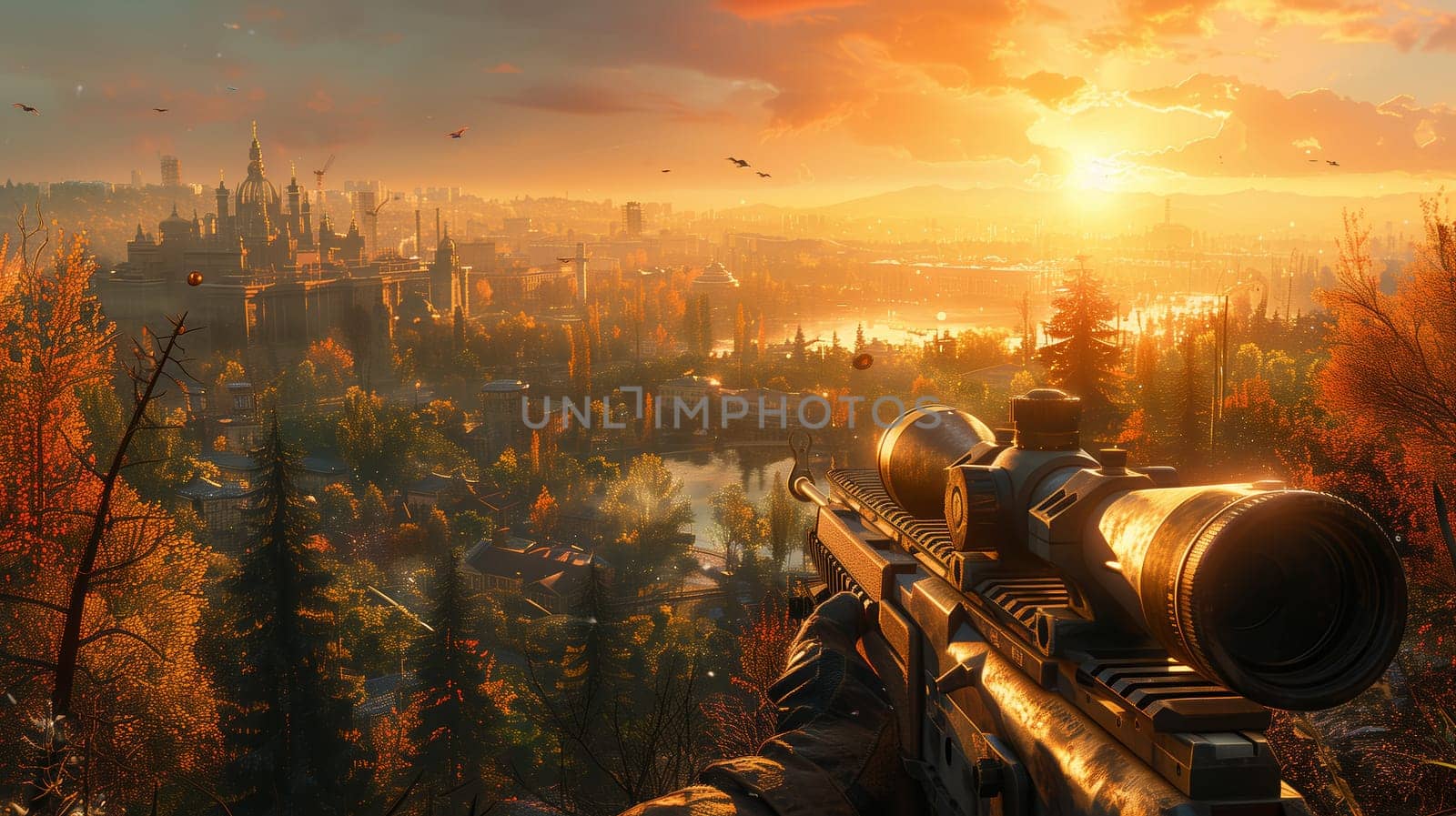 This image shows a close-up view of a sniper rifle pointed towards a cityscape at sunset. The sun is setting behind the city, casting a warm orange glow over the scene. The rifle is in focus, and the cityscape is blurry in the background. The image captures a sense of suspense and anticipation.