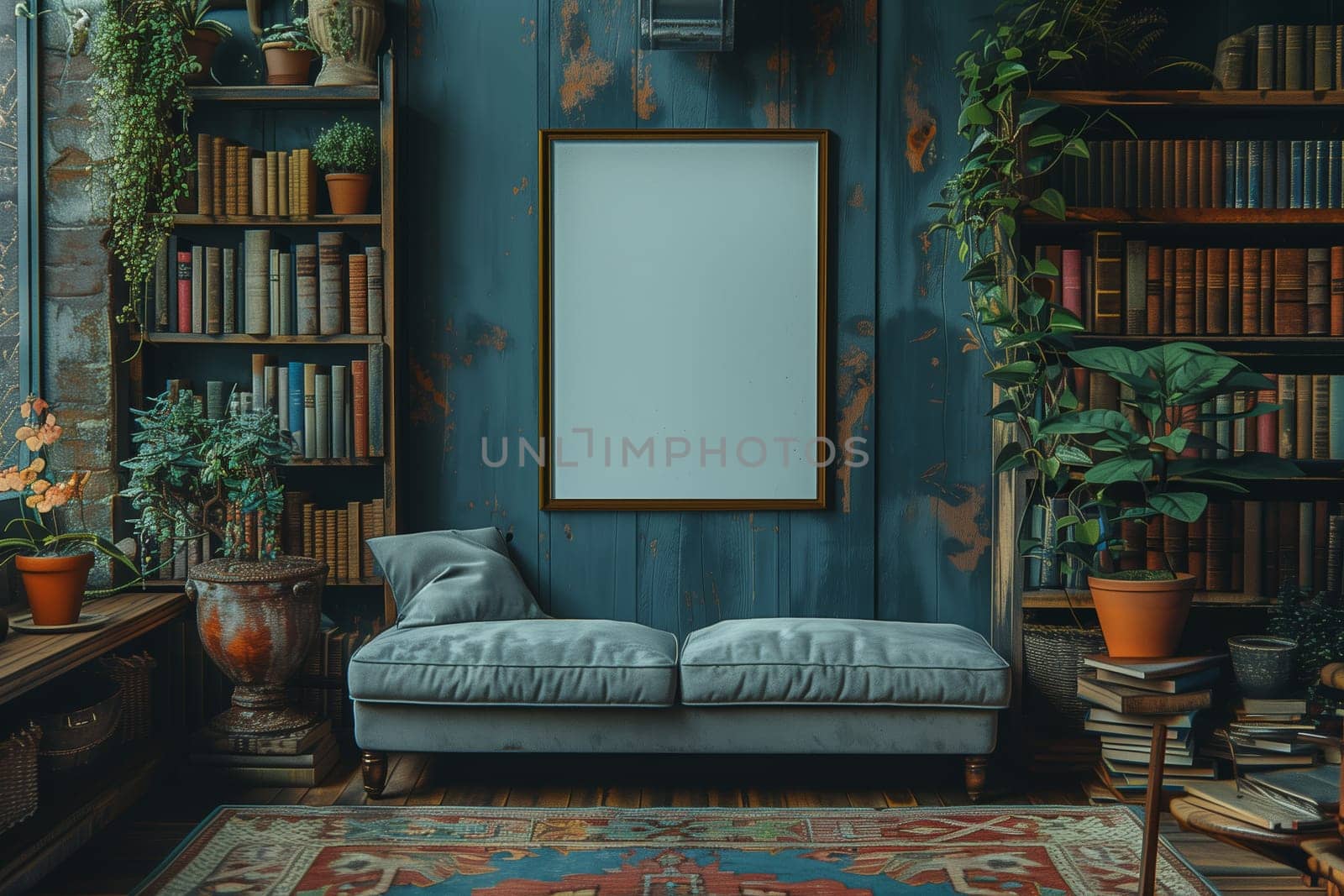 This image features a library room with a blue wall, a wooden bookcase filled with books, potted plants, and a sofa with an empty picture frame hanging above it. The room is decorated with a vintage aesthetic, and the light coming through the window casts a warm glow.