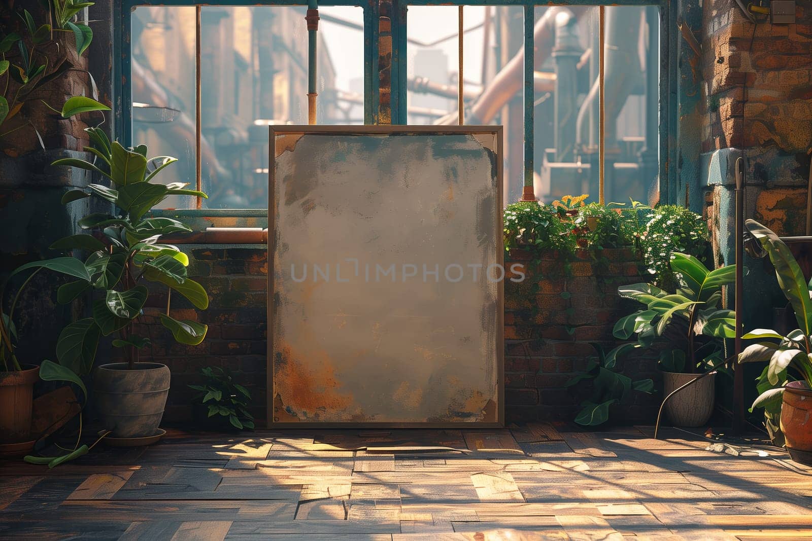 A large, empty canvas leans against a brick wall in a room with large windows. Sunlight streams through the windows, casting shadows on the floor. Several plants are visible in the room, adding a touch of life to the space.