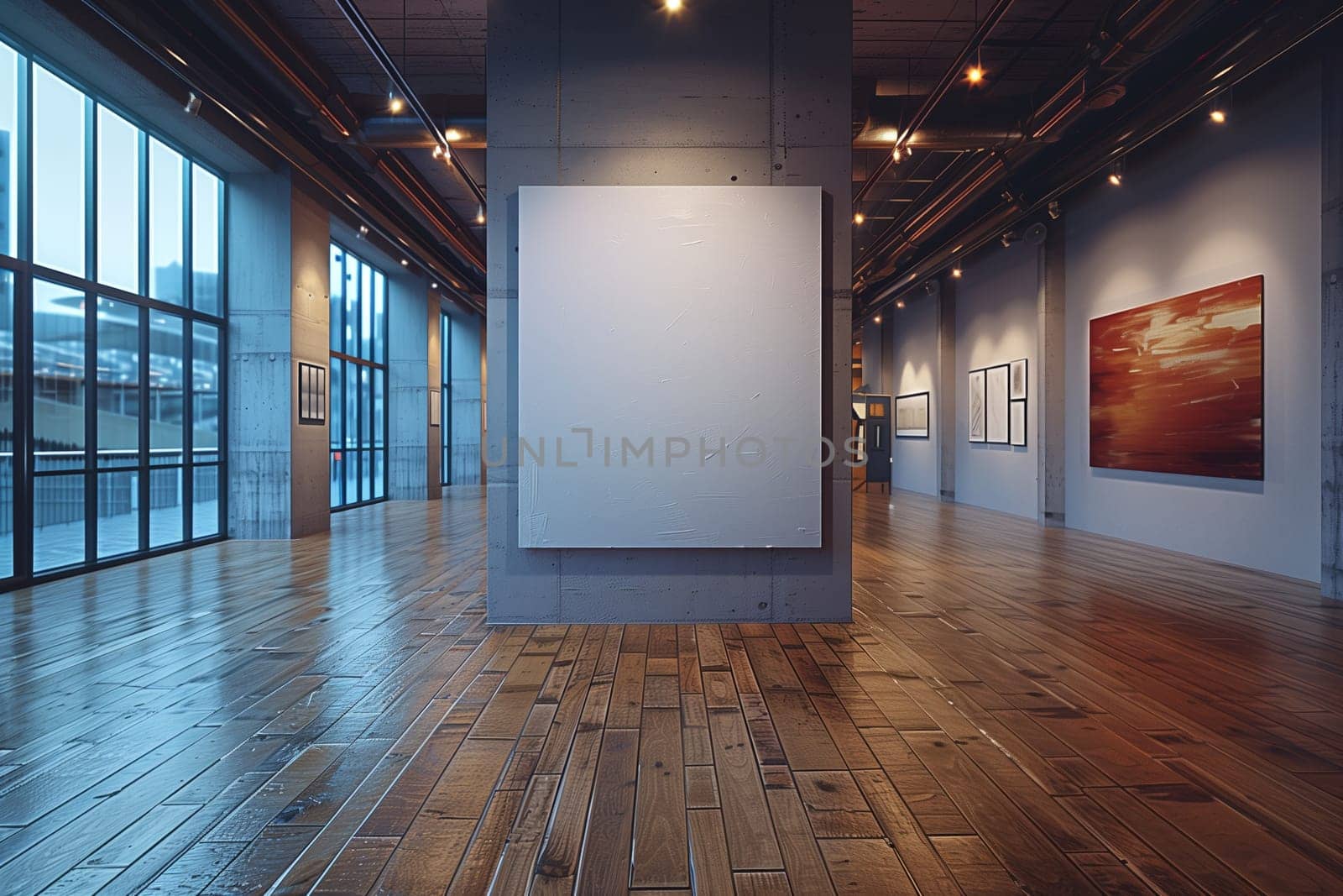 A modern art gallery interior with a large blank canvas hanging on the wall. The gallery features wooden floors, track lighting, and large windows. The space is empty and ready to be filled with art.