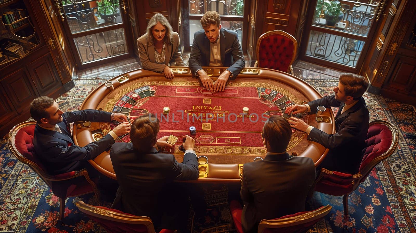 A group of five people are gathered around a roulette table in a richly decorated room. The table is set with a green felt playing surface and an intricate gold design. The people are dressed in elegant attire and appear to be engaged in the game. The room features ornate furniture, patterned carpets, and a view of a garden through a window.