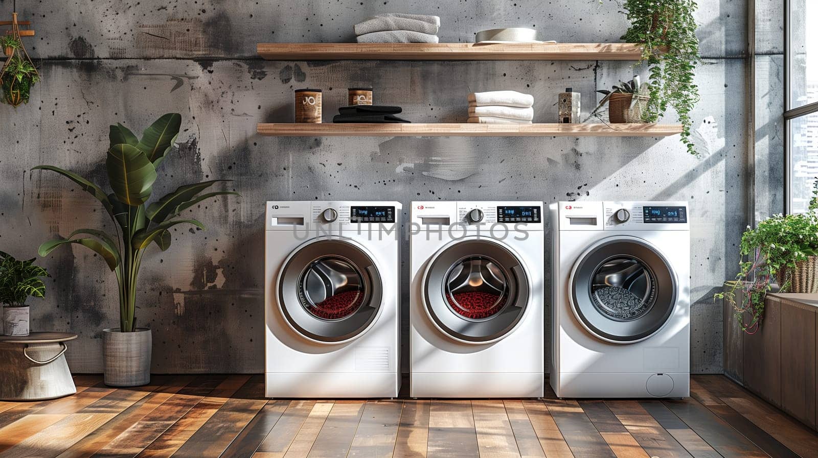 This image shows three white washing machines in a modern laundry room. The machines are lined up next to each other in front of a concrete wall with wooden shelves above. The shelves are decorated with towels and decorative items. The room is also decorated with several potted plants, which add a touch of greenery and life to the space. The hardwood floors and modern design of the room create a clean and inviting atmosphere.