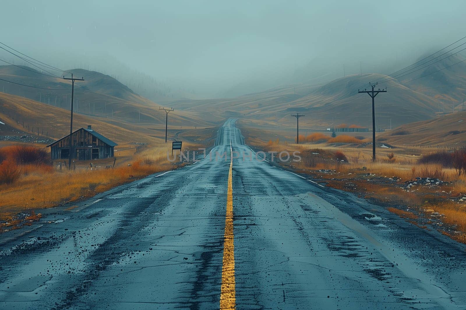 A long, straight road stretches through a misty valley, with a single, weathered wooden cabin visible on the left side of the frame. The road appears wet from recent rain, with a yellow center line dividing the asphalt. The hills on either side of the road are a muted brown color, while the sky is a pale blue, blending seamlessly with the mist.