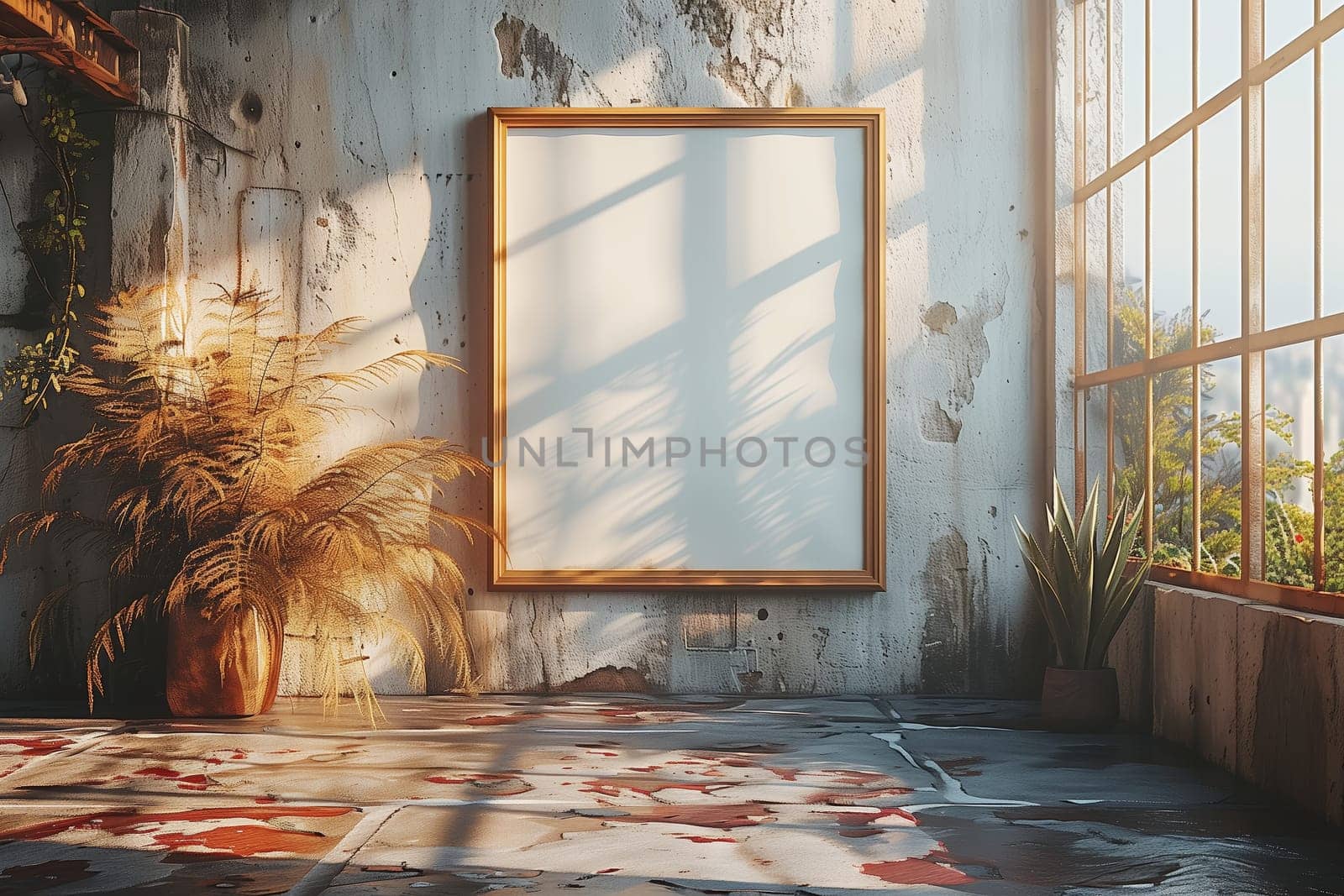 A large, blank canvas in a golden frame hangs on a distressed concrete wall in a loft space. The room is filled with natural light streaming through a large window. The window overlooks a lush, green landscape. A potted plant sits on the floor in the foreground, adding a touch of nature to the industrial setting.