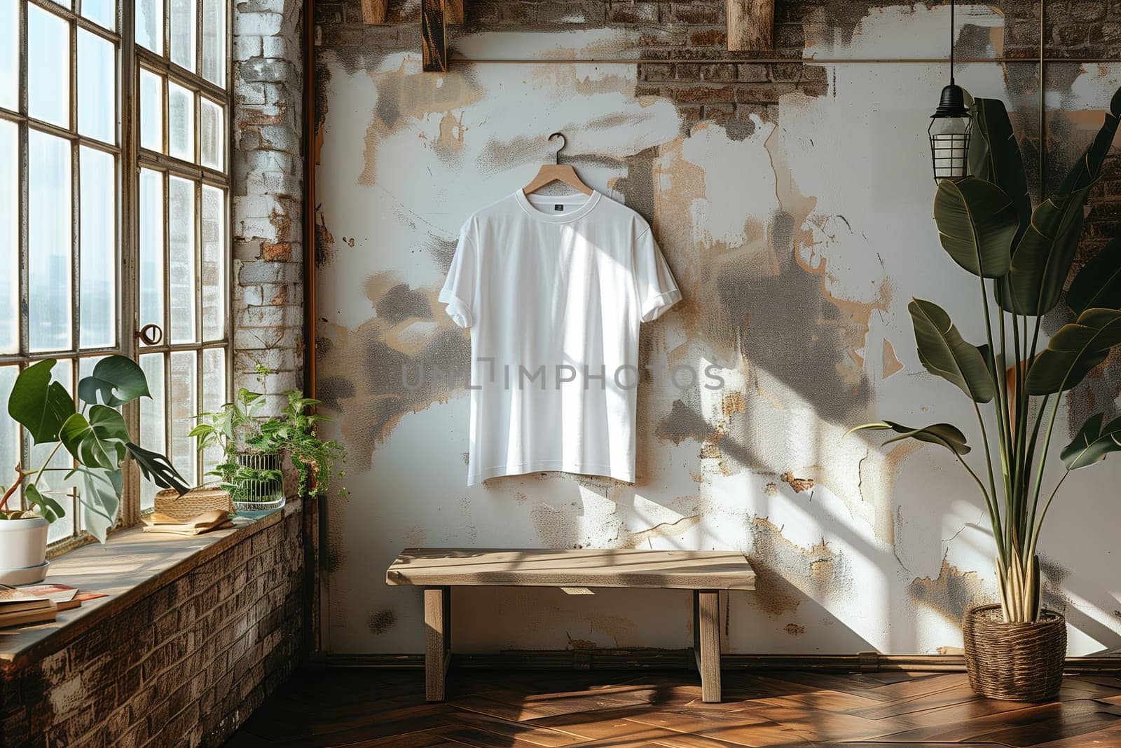 A white t shirt hangs from a wooden hanger against a textured wall in a rustic interior room. Sunlight streams through the large windows and casts long shadows on the floor. The room features exposed brick, wooden beams, and a rustic bench. Green plants add pops of color and life to the space.