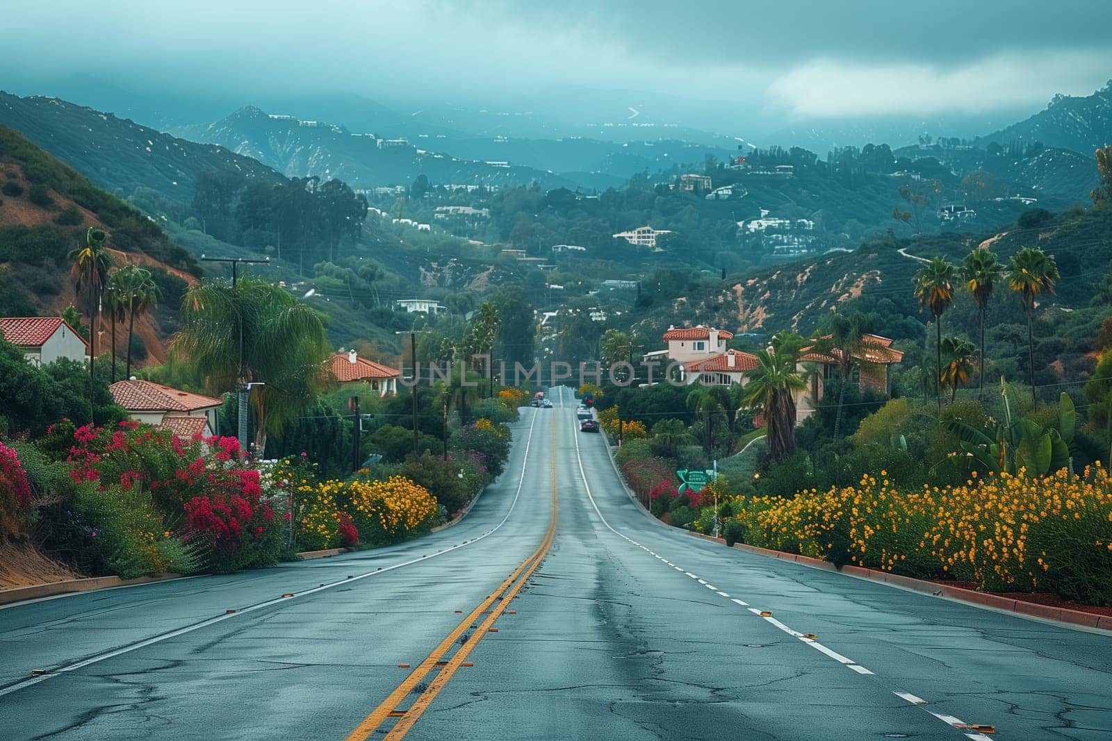 A long, straight road winds through rolling hills, with houses and palm trees lining the sides. The sky is cloudy and gray, but the foliage is still green. The road seems empty, and the image has a peaceful and serene vibe.