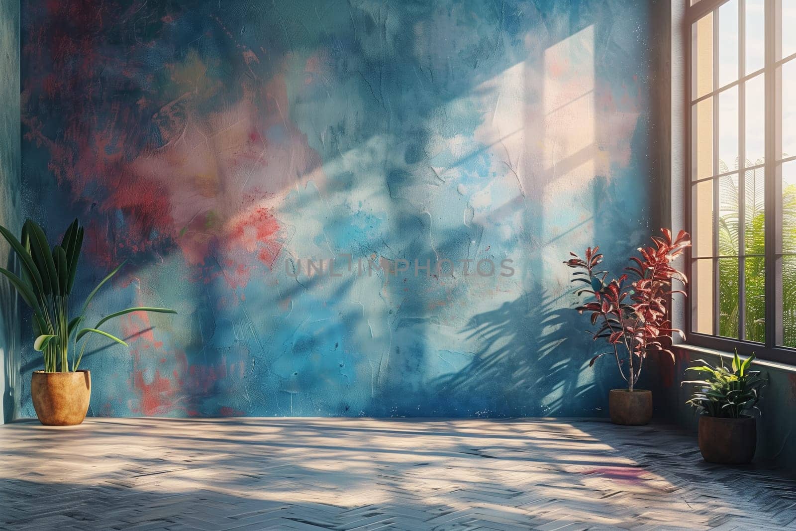 A large window in a room with a blue wall lets in the sunlight, casting shadows on the floor and the wall. Two plants are placed in the room, one in a brown pot in the corner and another in a brown pot next to the window.