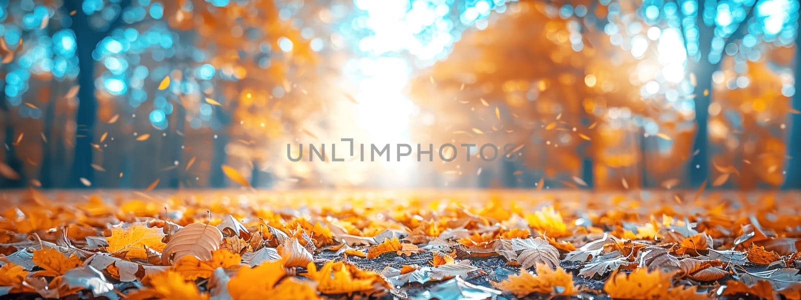 Beautiful autumn landscape with falling yellow leaves covering the ground. The blue sky and the warming sun. Natural autumnal concept. Advertising presentation with space for copy.