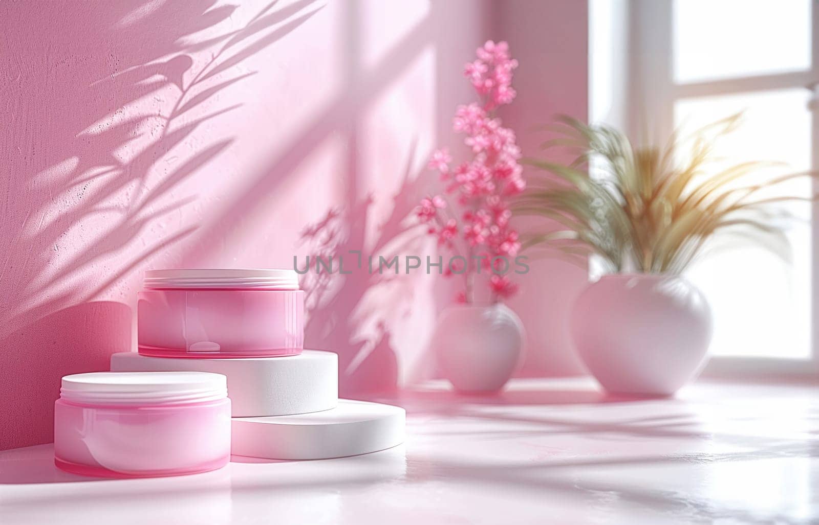 Cosmetic Composition. Beautiful cosmetic skincare makeup containers standing on white table. On the wall reflects the sunlight and shadows. Women make up concept. Copy space.