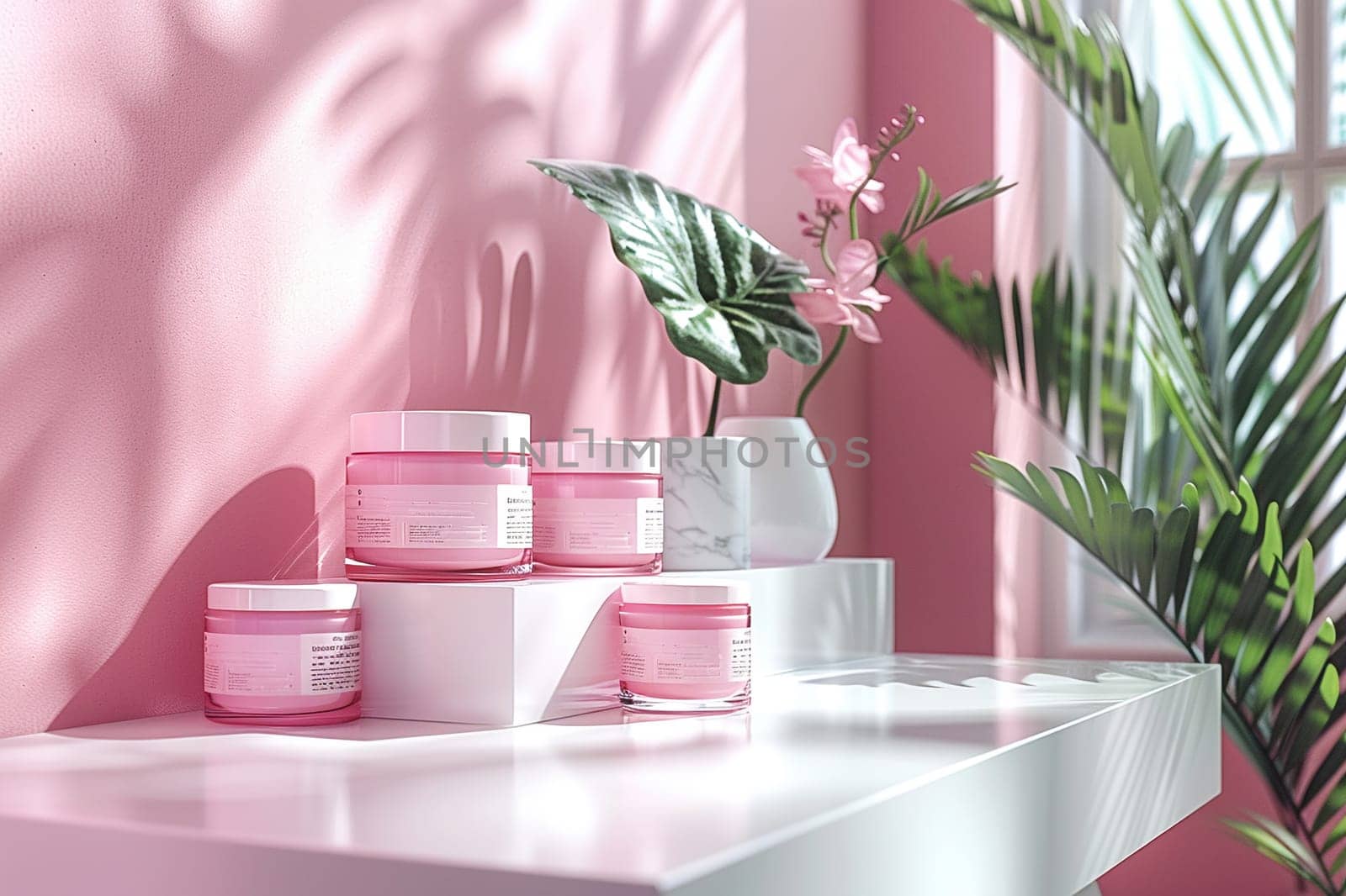 Cosmetic Composition. Beautiful cosmetic skincare makeup containers standing on white table. On the wall reflects the sunlight and shadows. Women make up concept. Copy space.