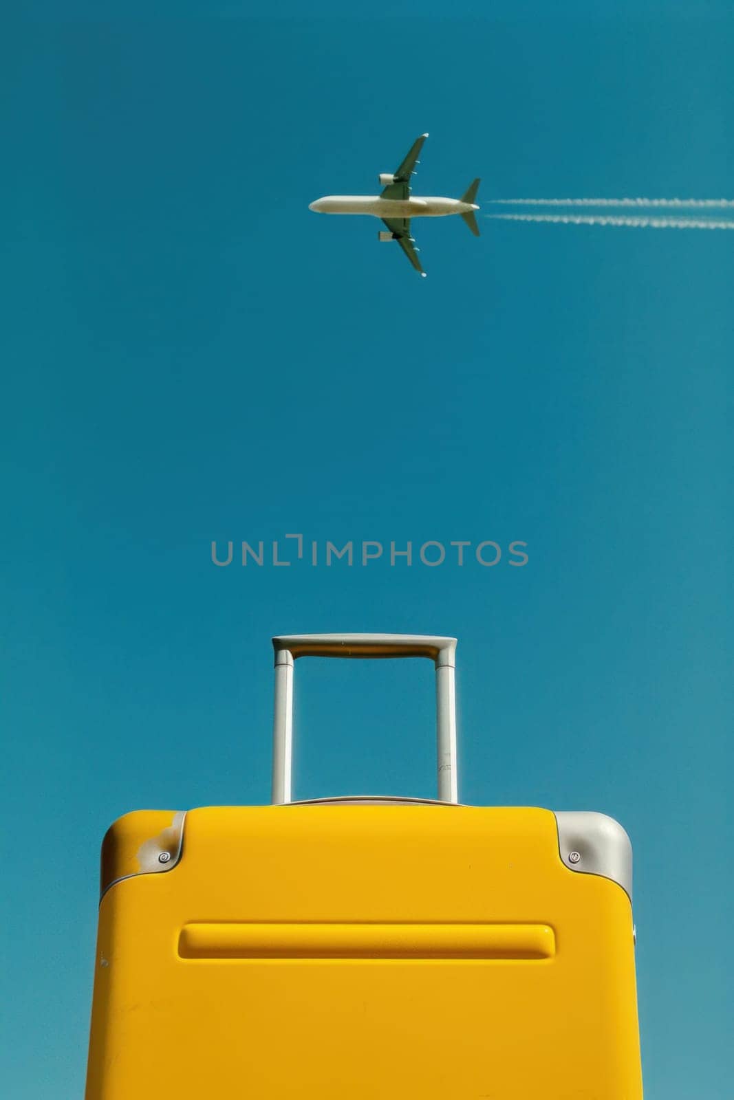 Yellow suitcase and airplane flying in blue sky travel and adventure concept