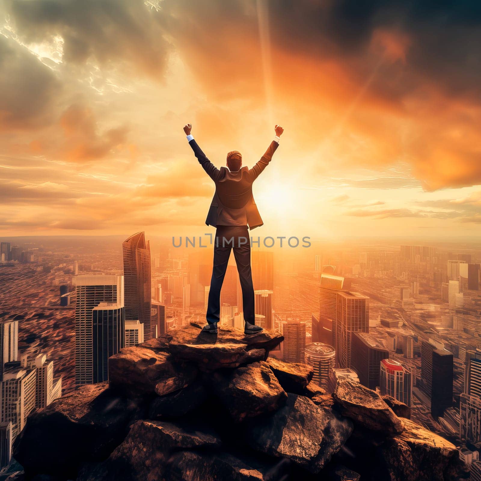 Businessman on top of the mountain. Business success motivation concept. Ai art