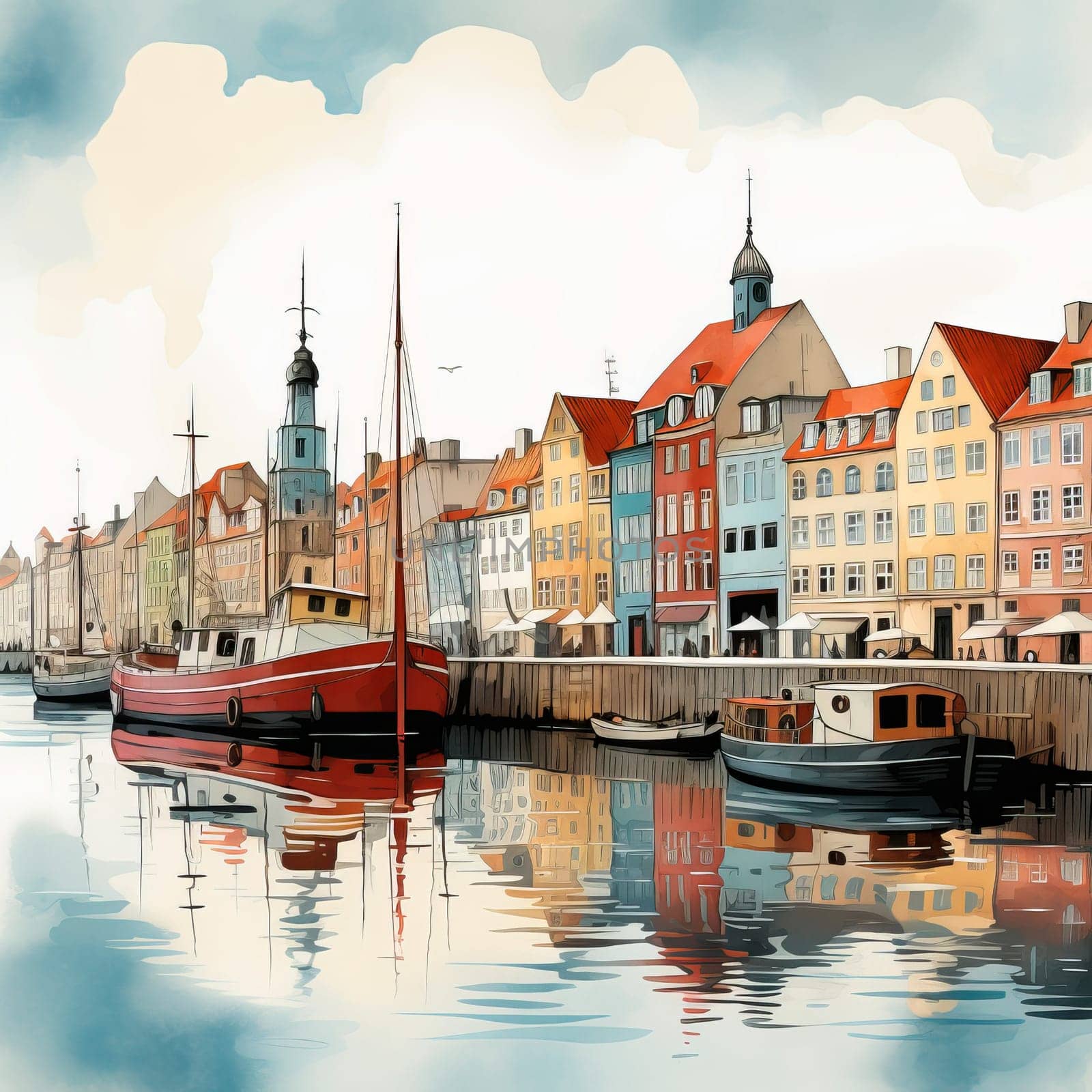 Copenhagen colored houses illustration. Old town and canal with boats. by aniloracru