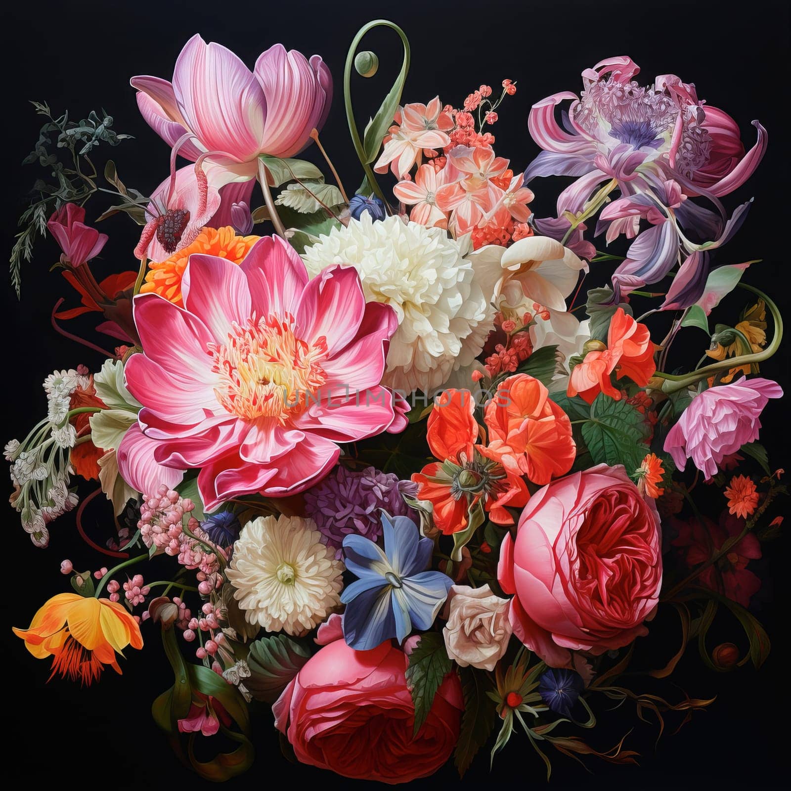 Bright beautiful bouquet of summer flowers on black. Ai art