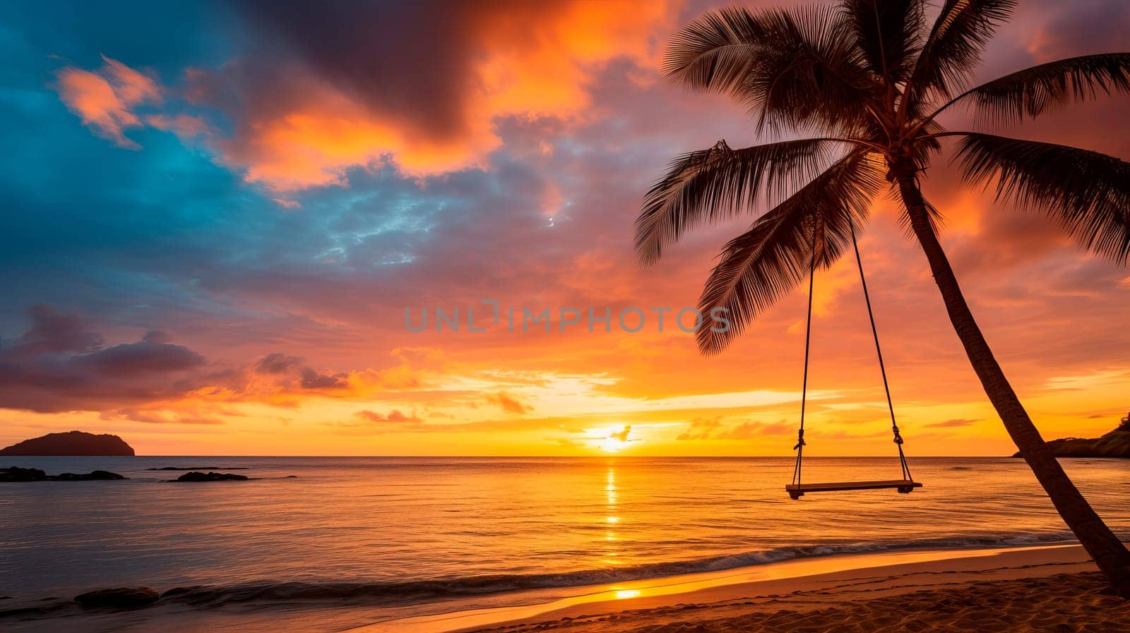 Romantic beach sunset. Palm tree with swing hanging between palm trees. Ai art