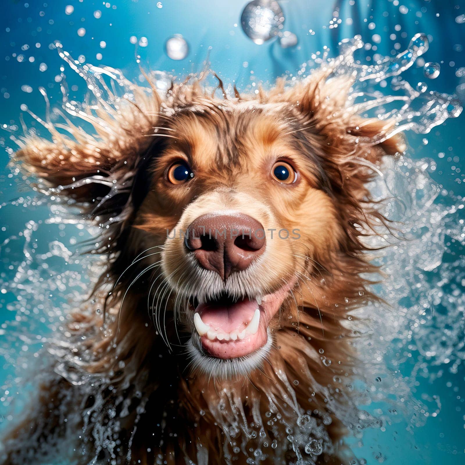 Dog jumping into the pool near the house on a summer. by aniloracru