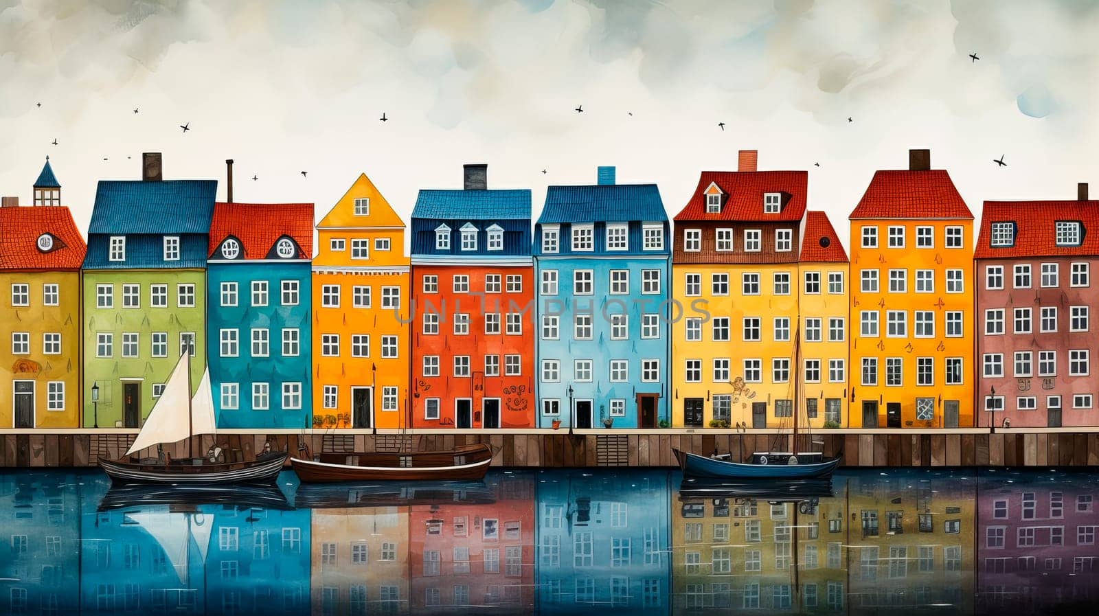 Copenhagen colored houses illustration. Old town and canal with boats. by aniloracru