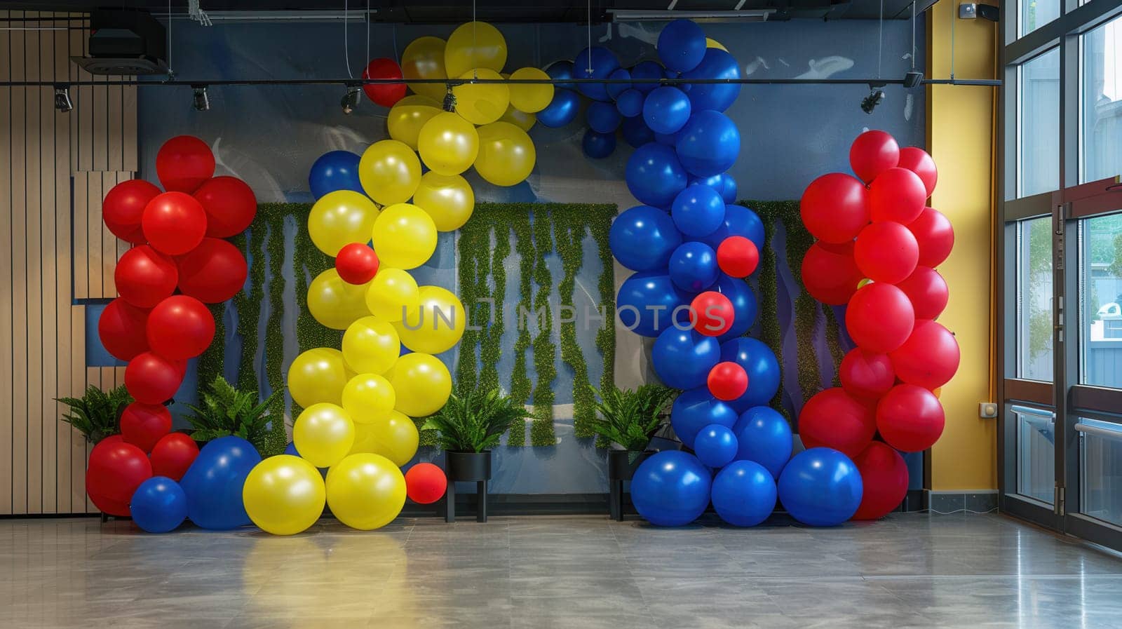 Balloon decorations in red, yellow, and blue adorn an office space for a special event.