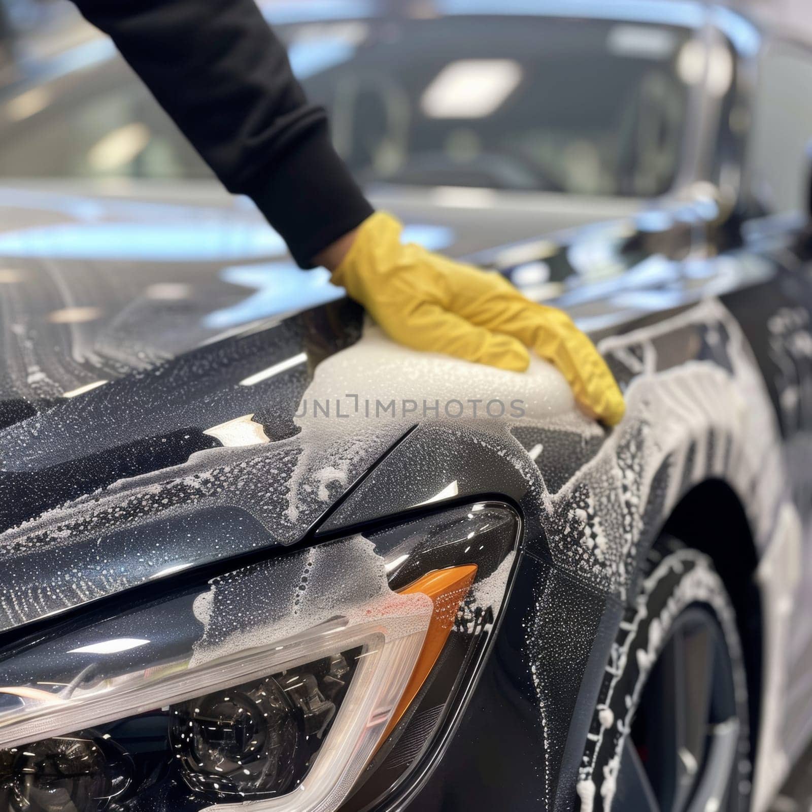 Unrecognizable person washing and applying a treatment on a car.
