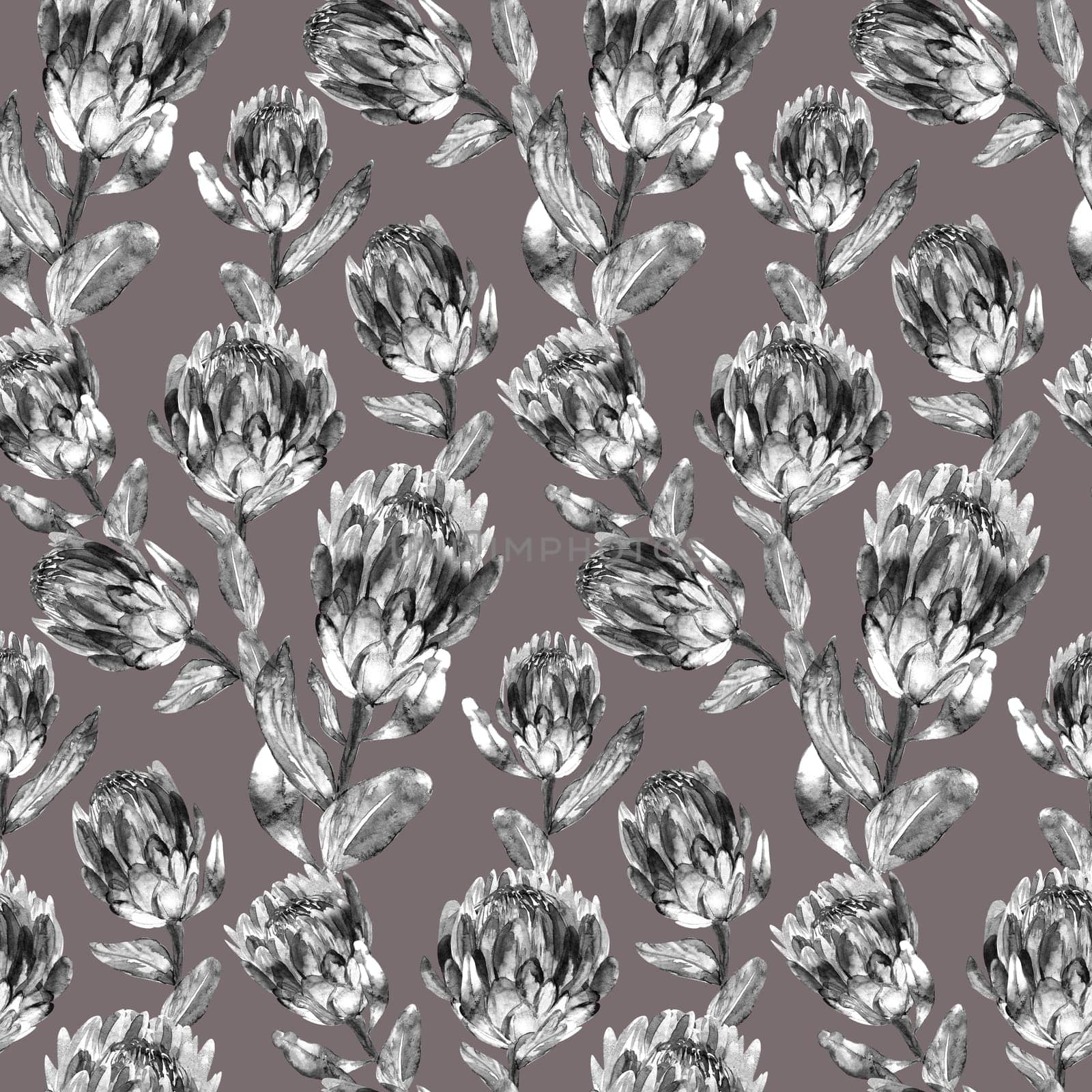 Seamless monochrome watercolor pattern with vertical protea flowers for textile and surface design