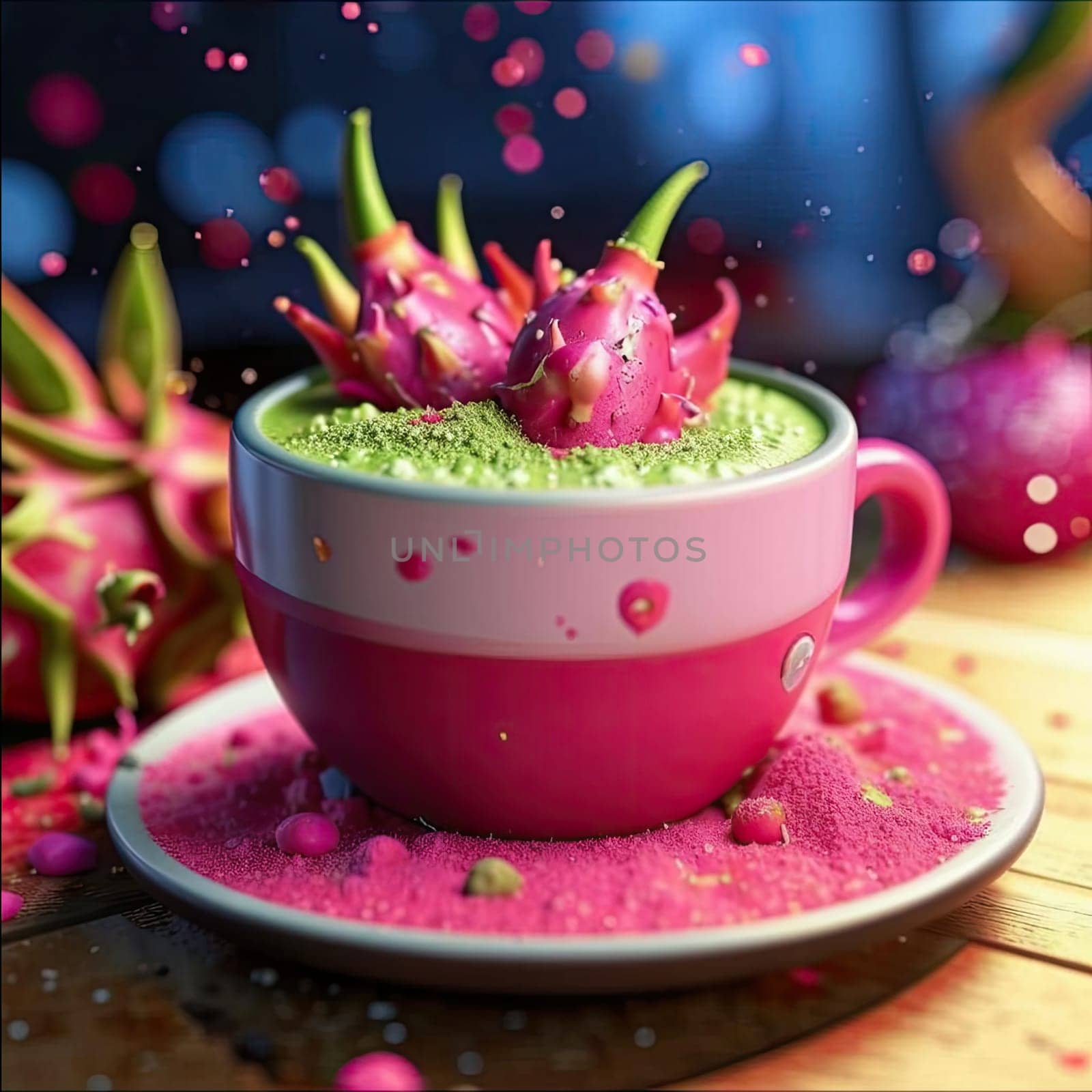 Photo of pink matcha from bright dragon fruit powder. It is rich in vitamins and minerals. Sweet taste reminiscent of a mixture of strawberries and kiwi.