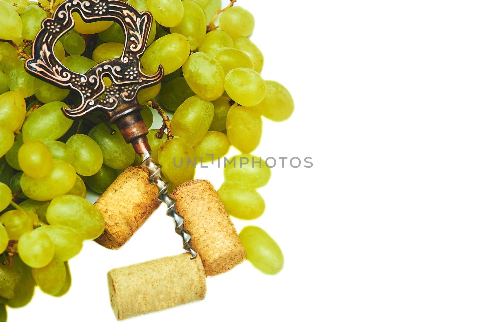 Corkscrew,wine stopper. Good old brandy, cognac, ripe grapes by jovani68