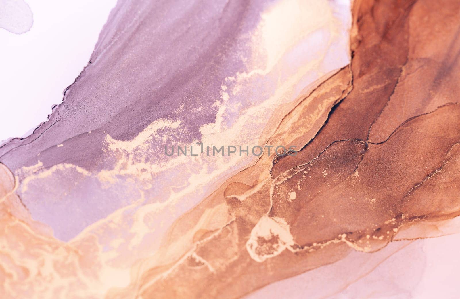 A close-up abstract image of an alcohol ink painting featuring swirling patterns in shades of brown, gold, and lavender.