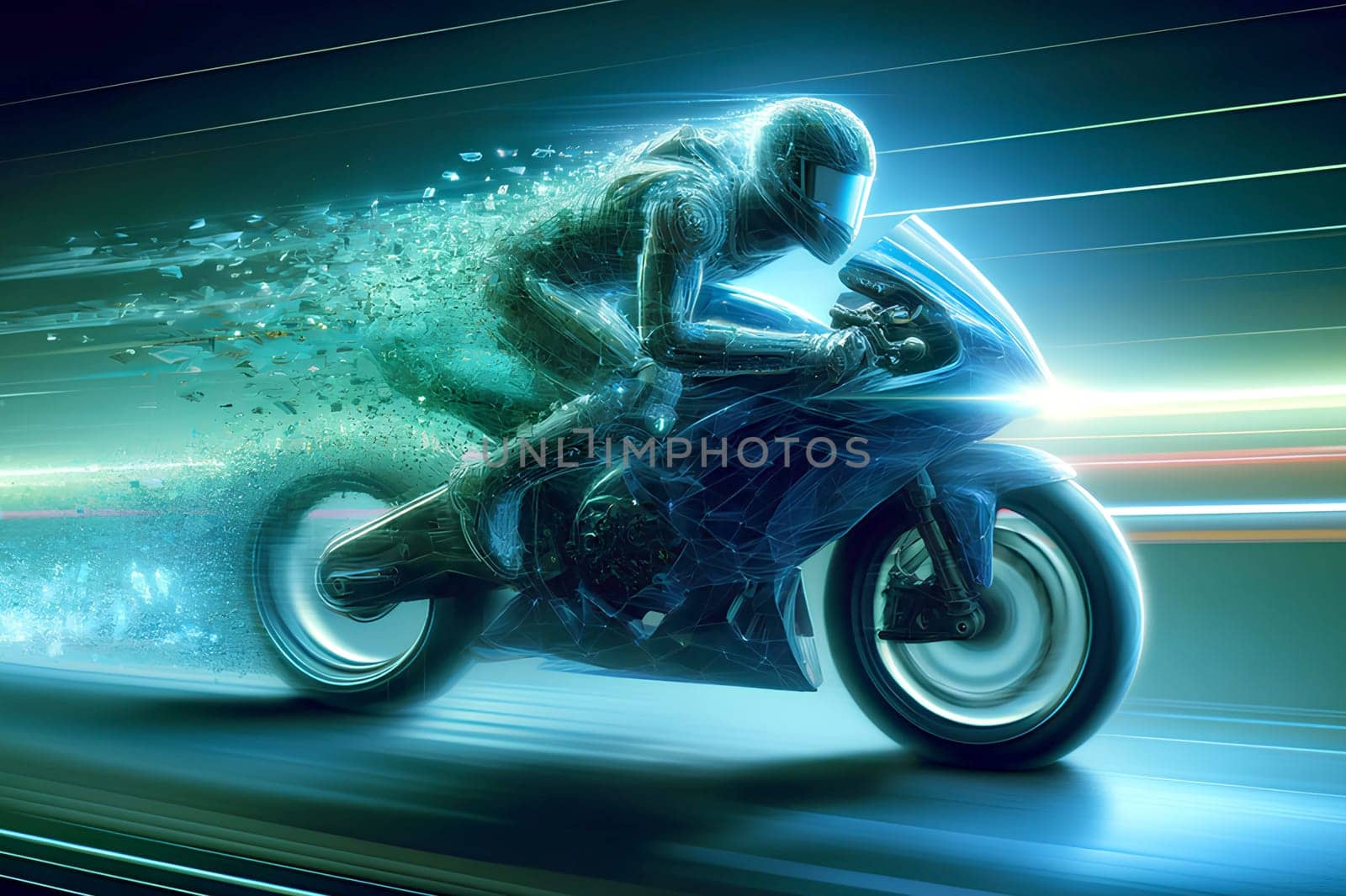 a holographic motorcyclist in profile with dynamic effects, the motion disintegrating into pixels from the back.