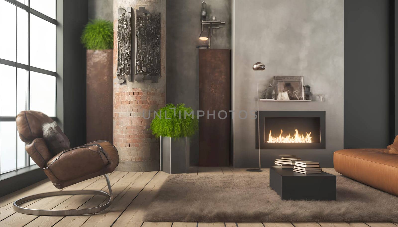 loft-style living room with conceptual leather armchair and fireplace.