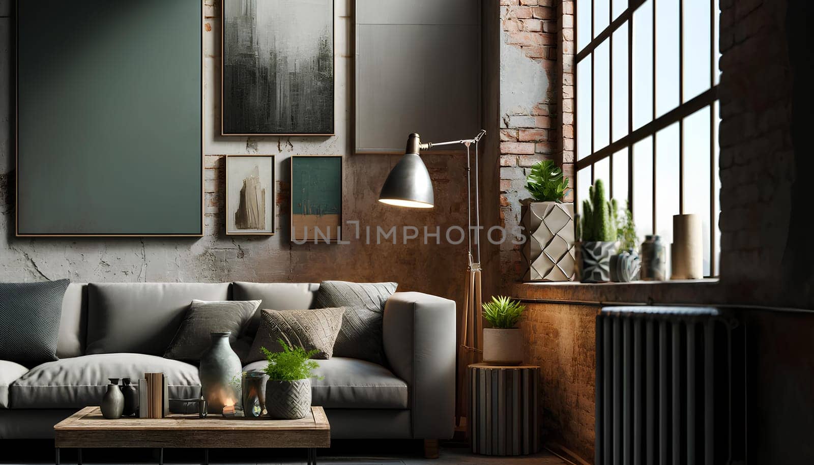 a loft-style living room, focusing on the details.