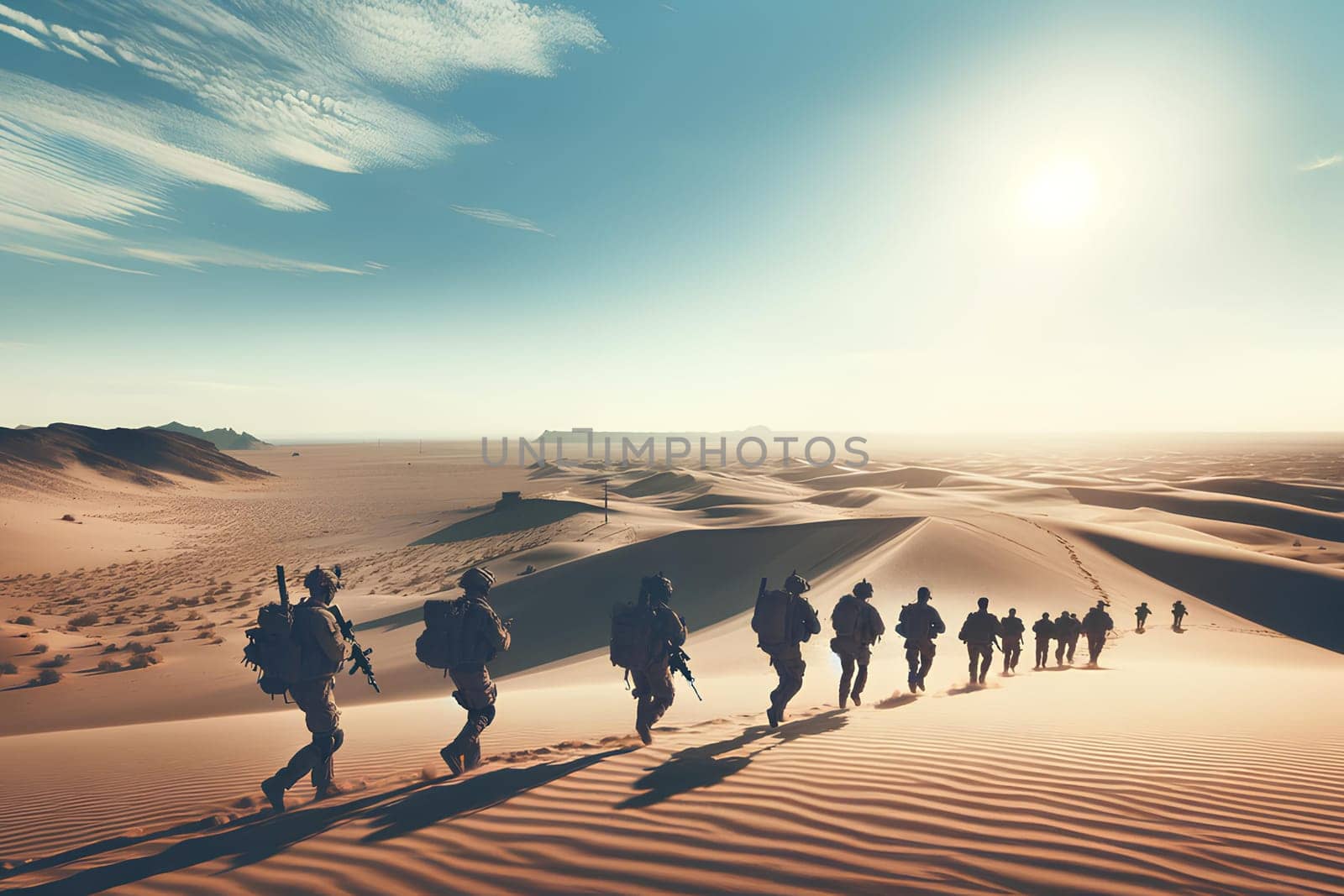 a group of soldiers in tactical gear trekking through a desert under a clear blue sky.
