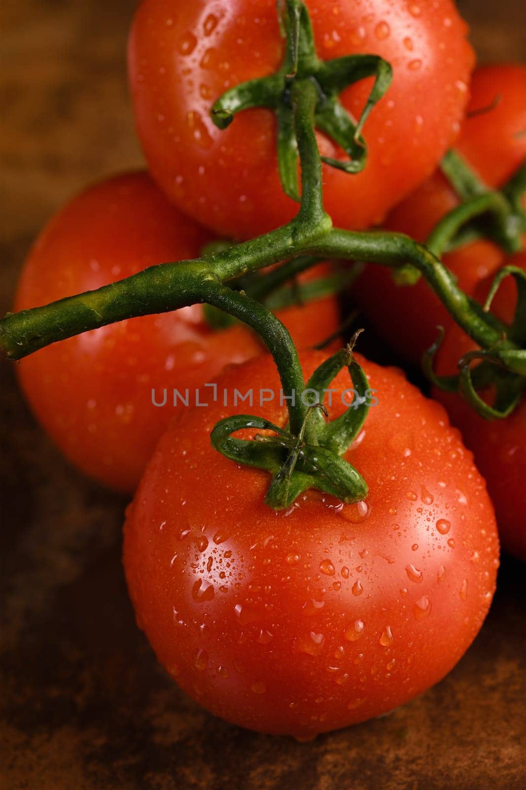 Fresh ripe red tomato branch on a rusty, redhead table with water drops. Close-up. Vertical photo. Poster for vegetable market or shop.