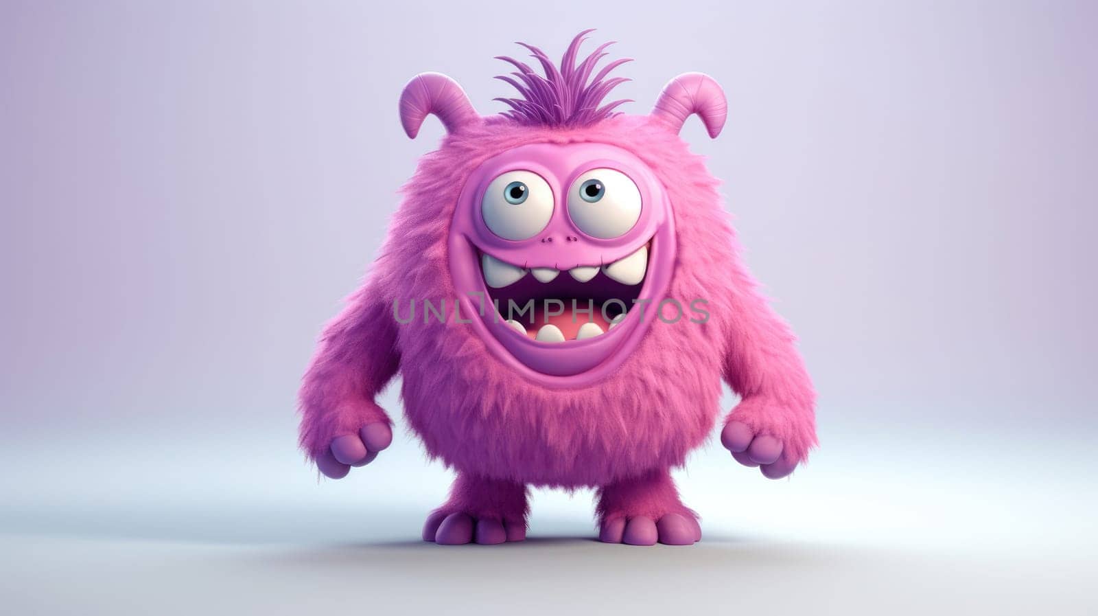 Cute Furry fluffy Pink Monster, cartoon 3d, alien monster illustration, on white background