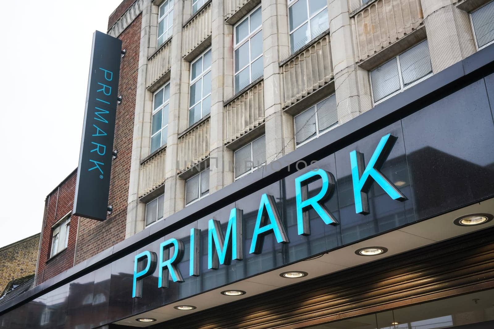 London, United Kingdom - February 04, 2019: Large cyan sign on Primark store at their Lewisham branch. Irish fashion retailer was founded 1969 and has now more than 350 stores worldwide.