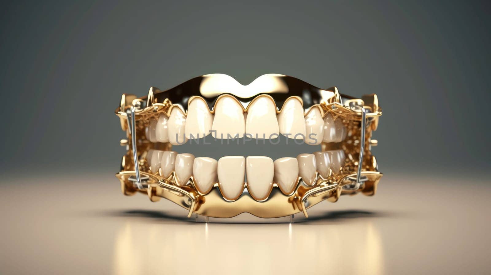 Artificial denture teeth with gold gums, acrylic human jaw model on white table on grey background. Plastic artificial human teeth for studying oral hygiene in the dental clinic. by JuliaDorian
