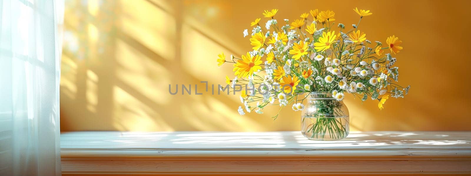 Bouquet of wildflowers in a small glass vase on the white table. chamomiles, cornflowers, green grass. Summer concept. Contrast shadows on the pastel yellow wall. Country style. Mockup template. space for copy.