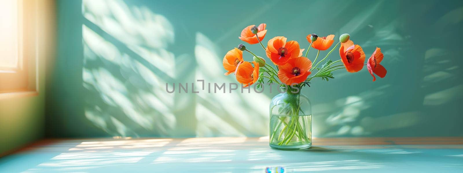 Bouquet of red poppies in a glass vase on the table. Summer concept. Contrast shadows on the pastel green wall. Country style. Mockup template. space for copy.