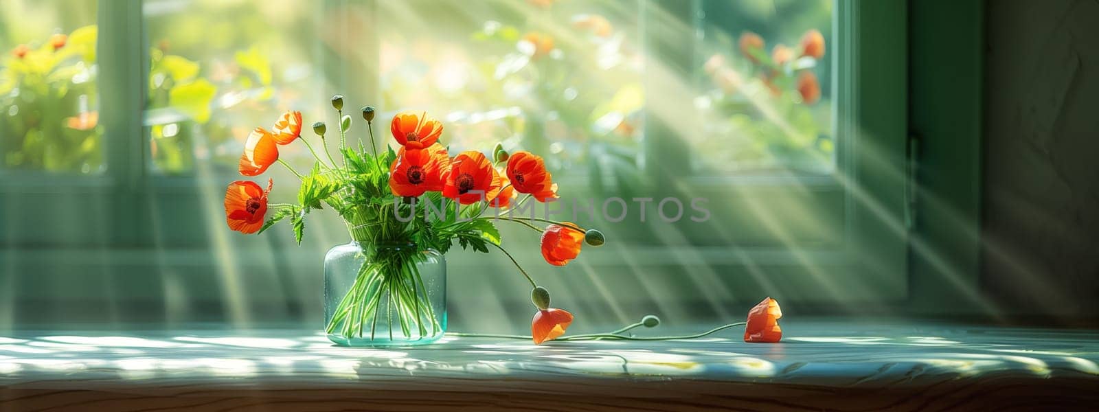 red poppies in glass vase on green background by Ciorba