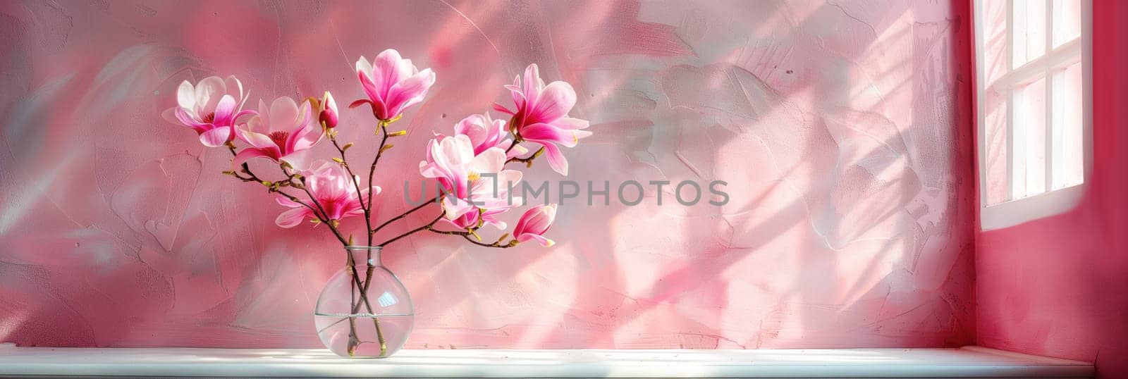 Pink Magnolia flowers in glass vase on white background by Ciorba