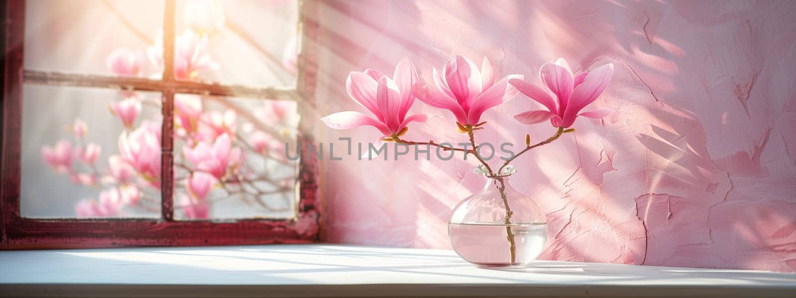 Magnolia flowers in a glass vase on the white table. Summer concept. Contrast shadows on the pastel pink wall. Country style. Mockup template. space for copy.