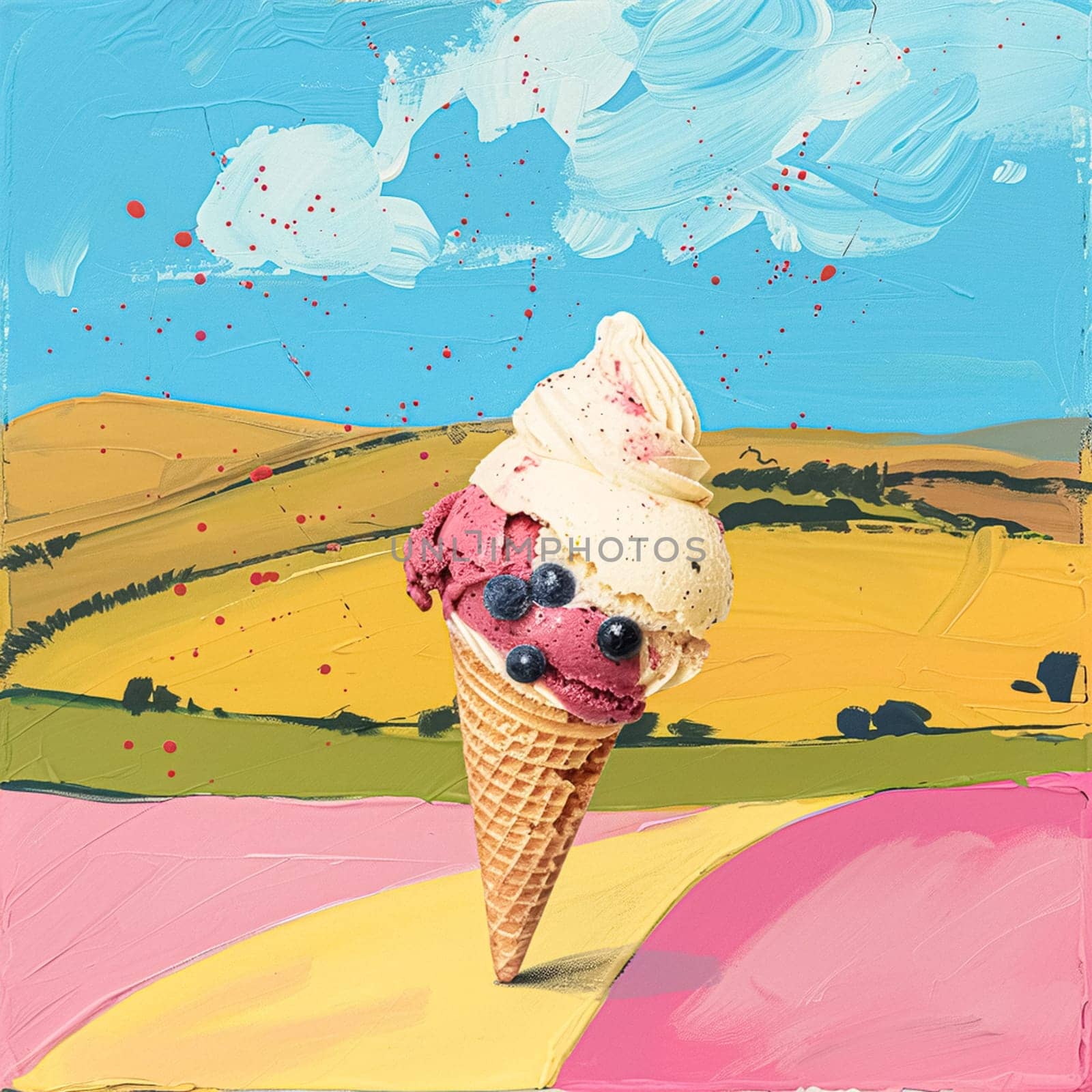Fun oil fine art painting, ice cream in English country style, printable art design idea