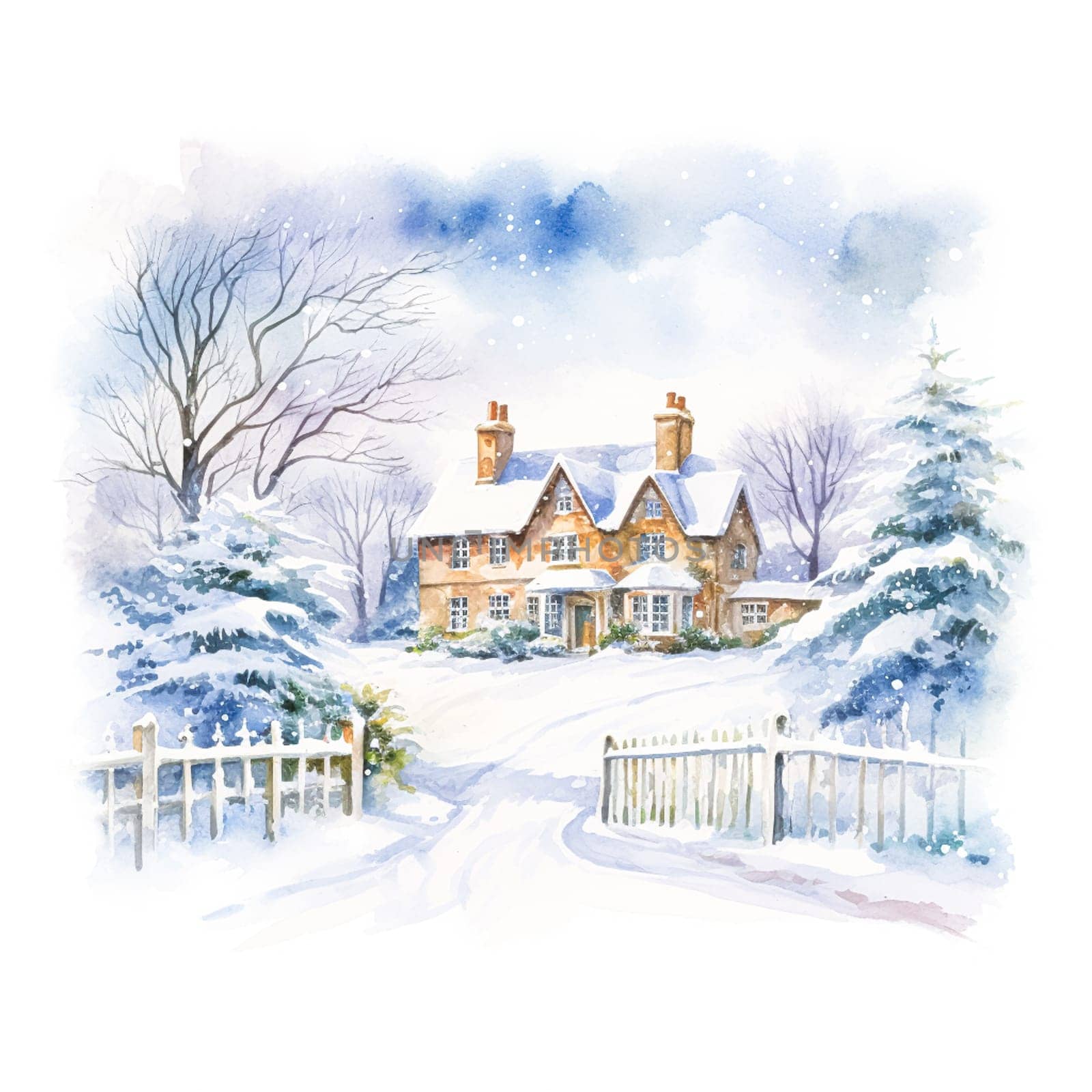Watercolour printable winter countryside art print, English country cottage and snow, Christmas holiday, thank you and Happy Holidays diy greeting card design