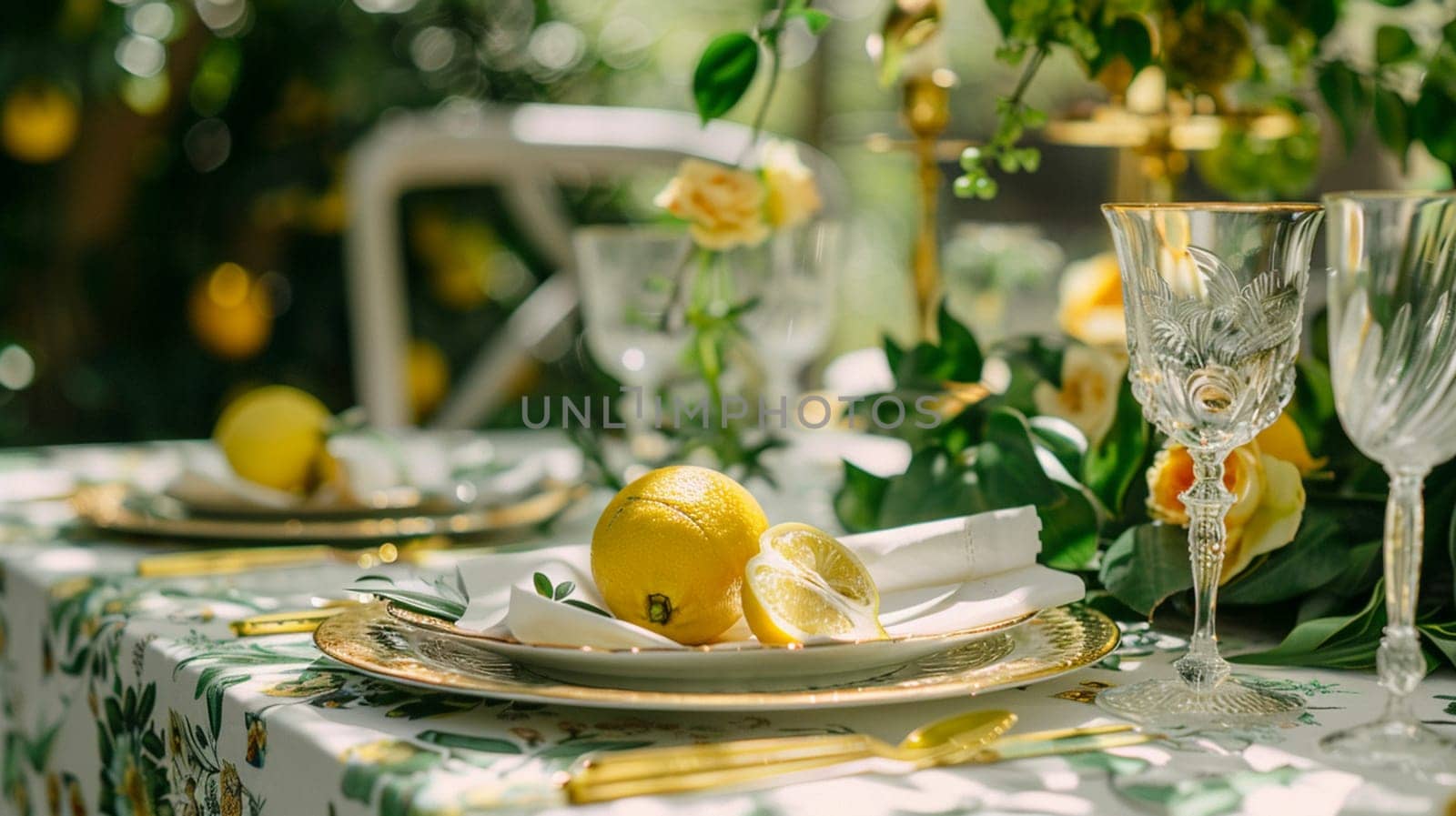 Table decor with fruits in citrus garden, holiday tablescape and dinner table setting, formal event decoration for wedding, family celebration, English country and home styling